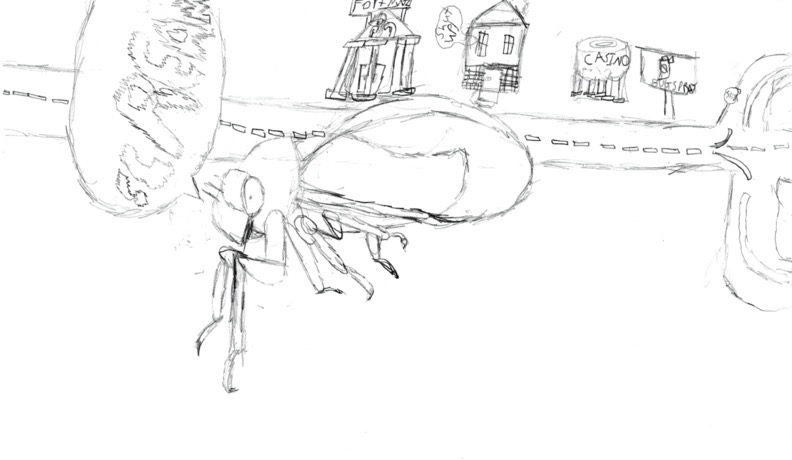 pencil drawing of a big bug on a street