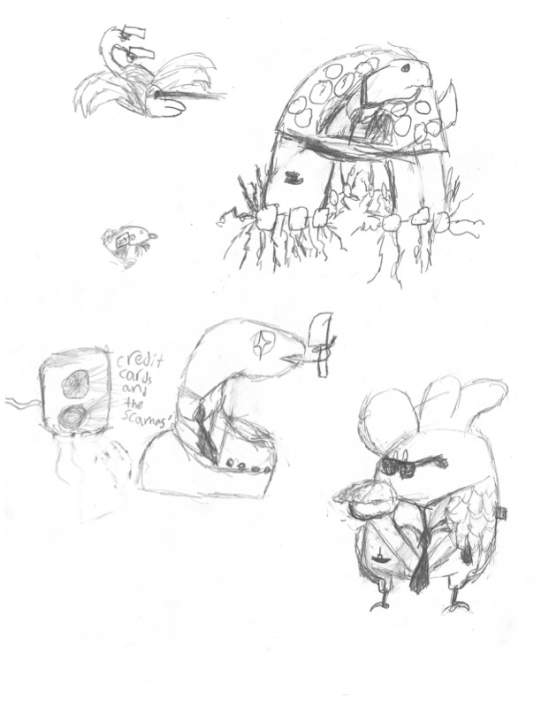 pencil drawings of roosters and various monsters