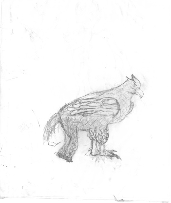 pencil drawing of a hippogriff-type creature